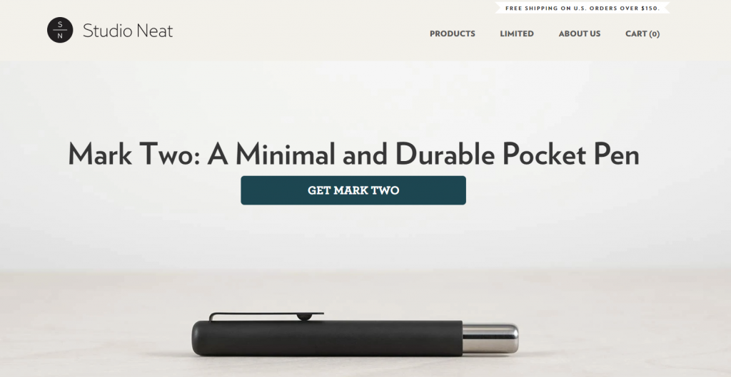 Studio Neat's homepage showing Mark Two, a minimal and durable pocket pen