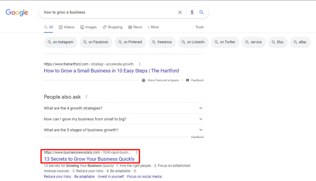 Business News Daily's article ranks second for the "how to grow a business" keyword.