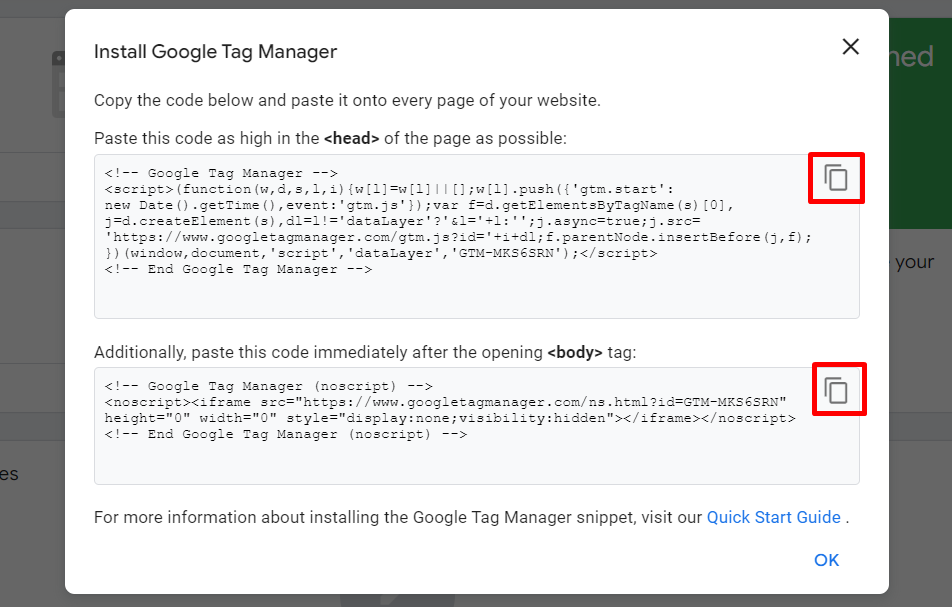 Copy and paste code snippets onto your WordPress website to enable Google Tag Manager
