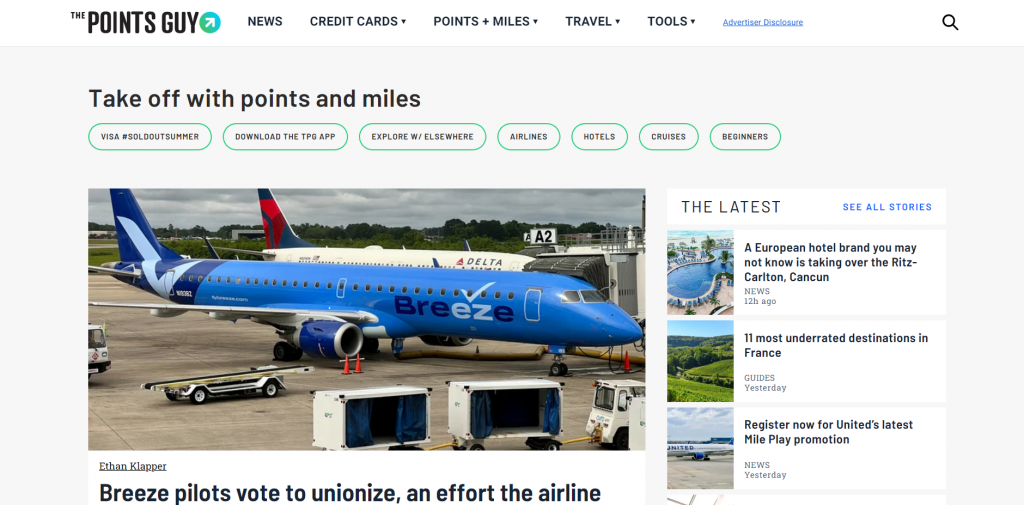 The Points Guy's homepage, a travel affiliate marketing site