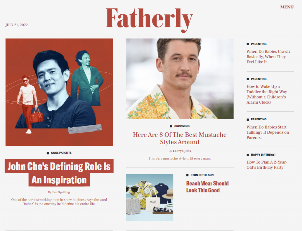 The homepage of Fatherly, an online magazine for millennial dads and young adults