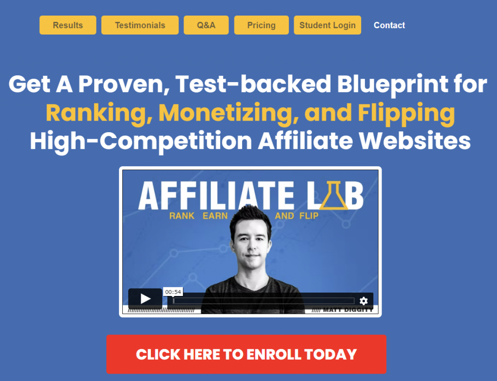 The homepage of The Affiliate Lab, an affiliate marketing course by Matt Diggity.