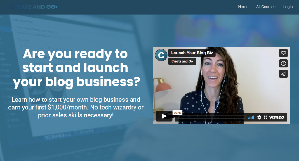 The landing page of the Launch Your Blog course on Create and Go's website.