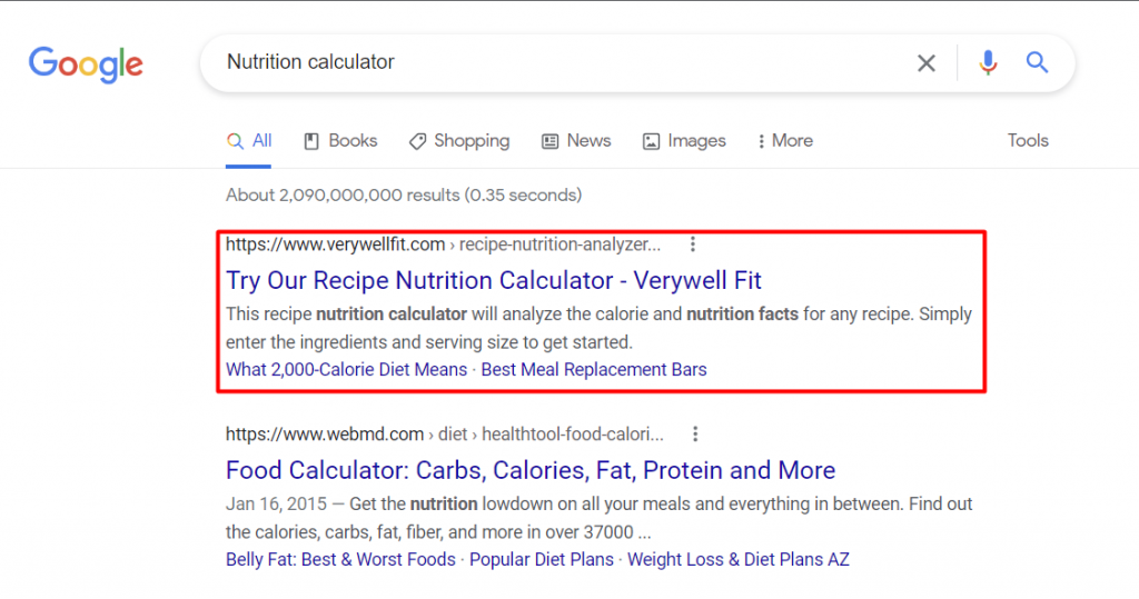 Verywell Fit's calculator ranks first for the "nutrition calculator" keyword.