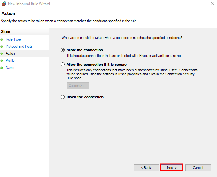 Adding the local ports that you want to allow on Windows Defender Firewall