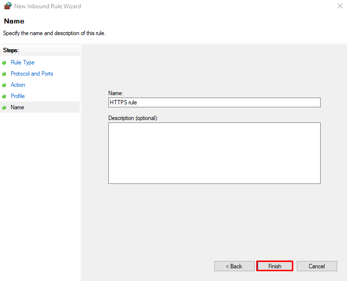 Adding the name and description to the new rule on Windows Defender Firewall.