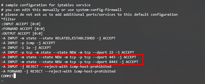 Allowing port 443 and 8443 on CentOS' iptables using Terminal.