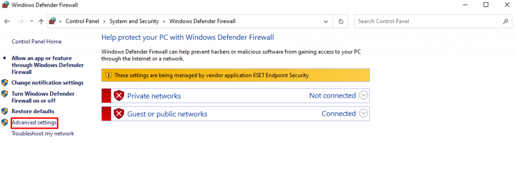 Choosing the Advanced settings on Windows Defender Firewall.