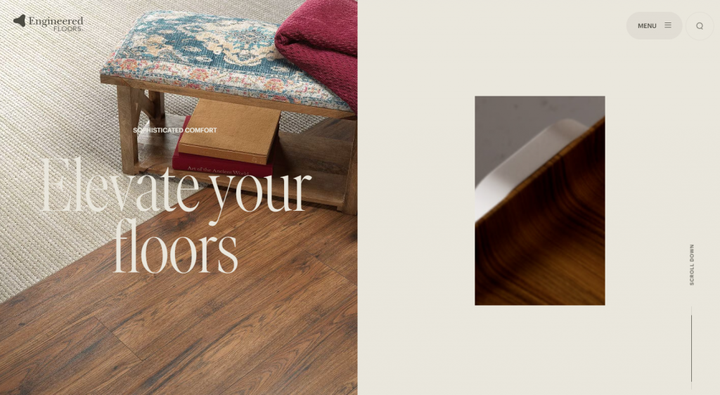 A screenshot of Engineered Floors' website with a brown and beige color scheme