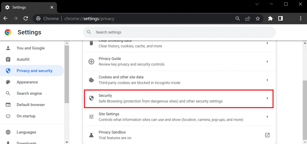 Security button within the privacy and security section of Google's Chrome settings