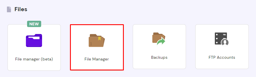 Hostinger's File Manager is accessible via the Files section of the hPanel dashboard