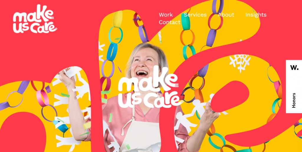 A screenshot of Make Us Care's website with a red and yellow color scheme.