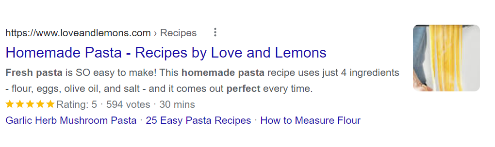 Rich snippet for the keyword "homemade pasta"