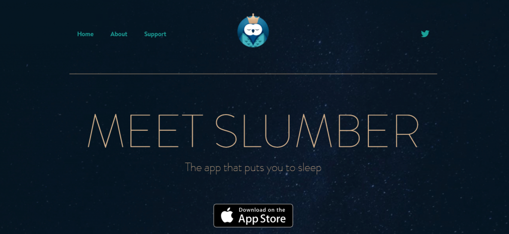 A screenshot of Slumber's website with a classic blue, turquoise, and gold color scheme.