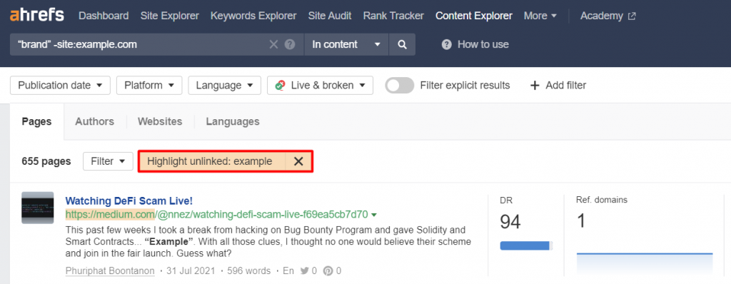 The Content Explorer page on Ahrefs, showing the Highlight unlinked filter