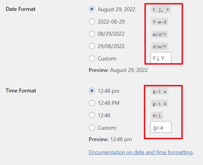 WordPress date and time format string options