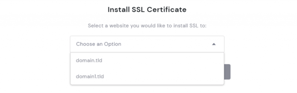 Choosing a domain to install SSL from a dropdown menu in hPanel