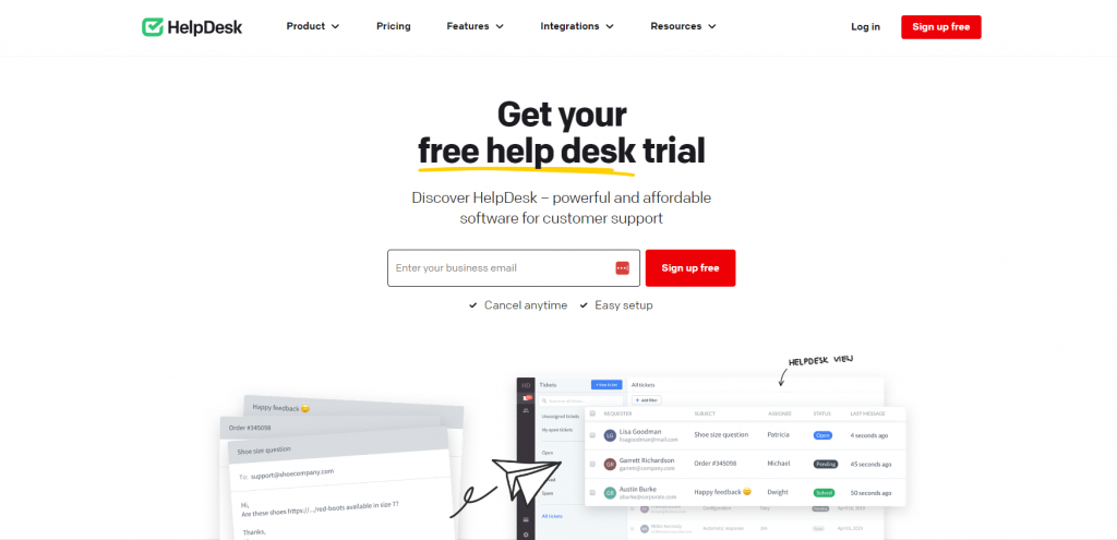 Helpdesk's free trial page, showing a short form, headline, and tagline