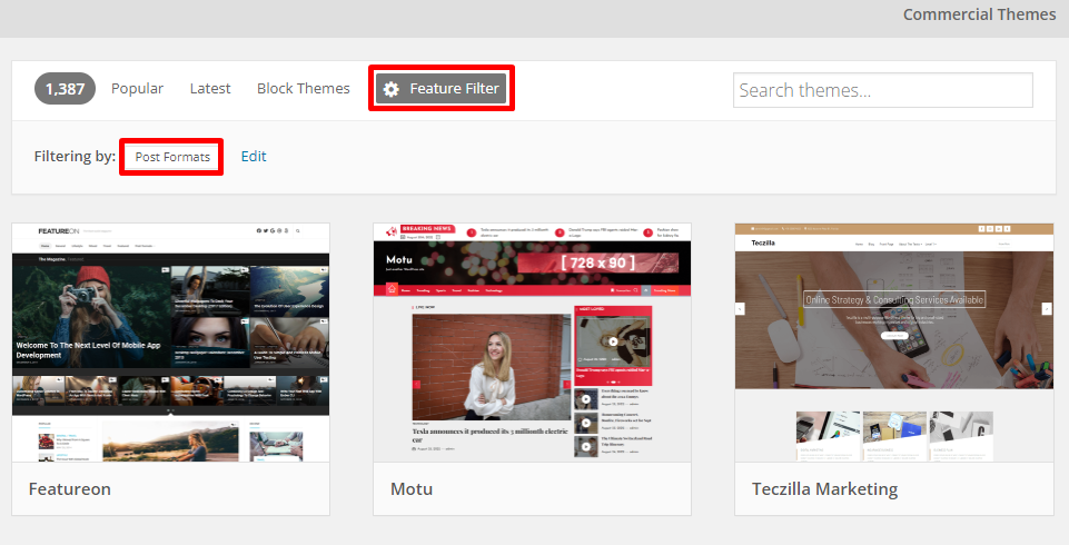 Use filters to identify themes supporting the post format feature