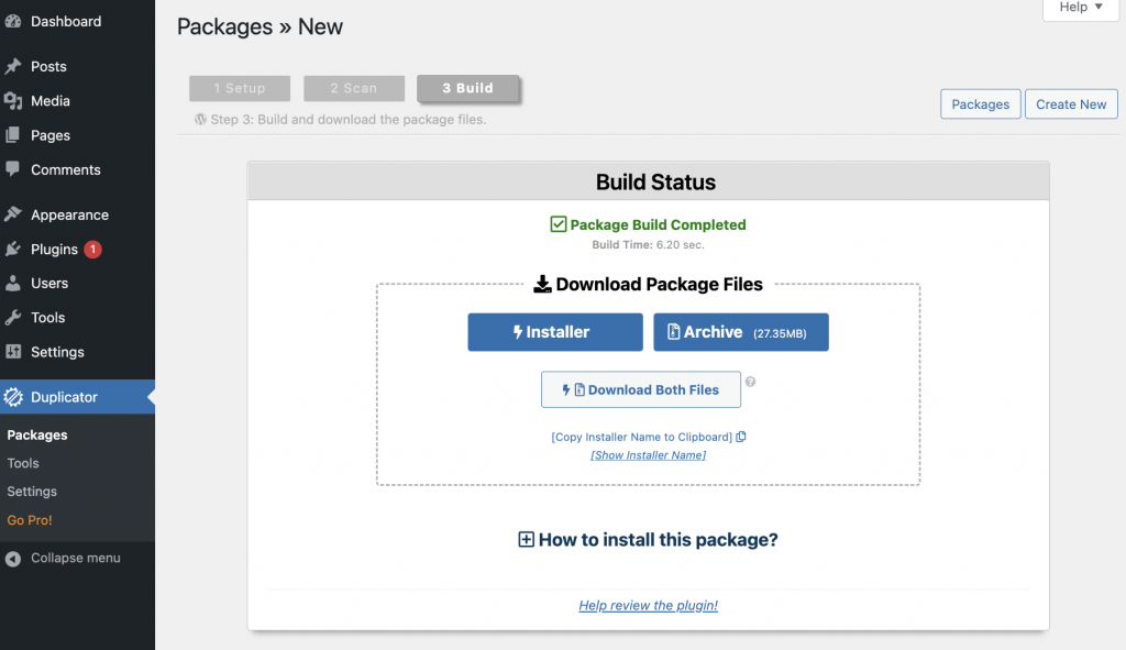 Duplicator's Package Build Completed message and Download Package Files option as shown on WordPress

