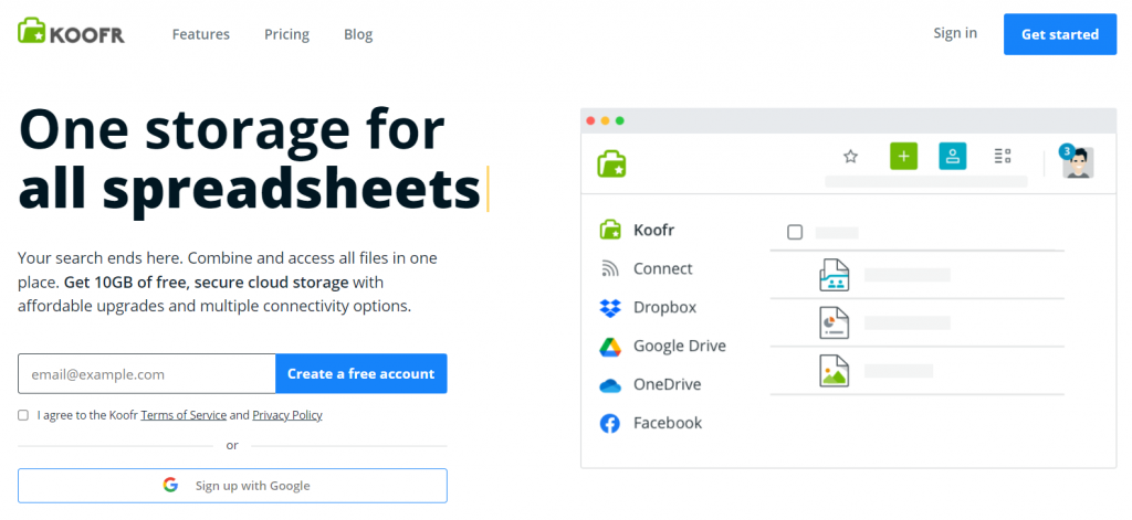 Koofr's official homepage offering one storage for all spreadsheets

