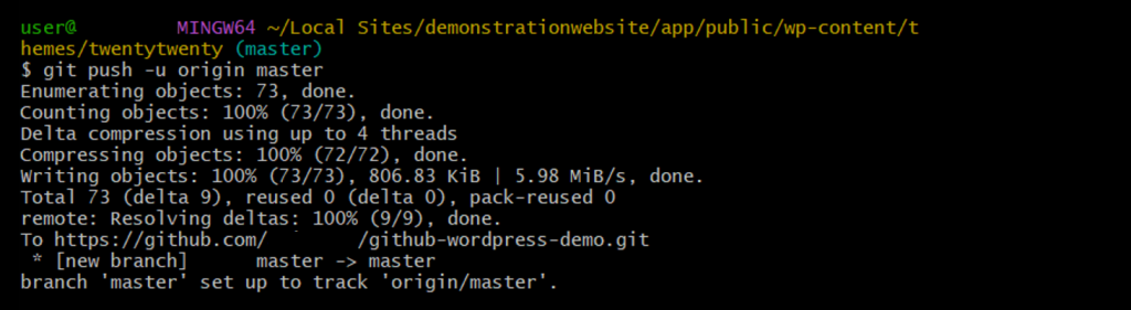 Pushing local repository's file to remote using the git push -u origin master command