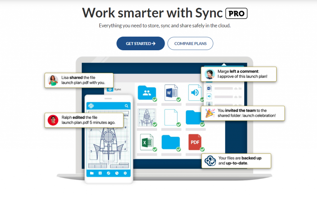 Sync's official homepage demonstrating how easy it is to use the cloud storage provider
