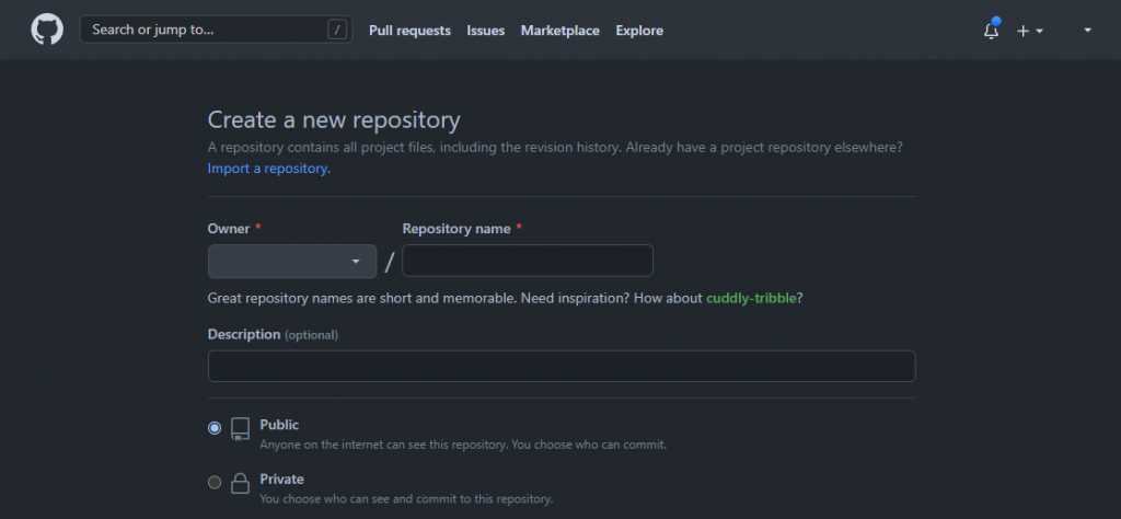 The Create a new repository page on GitHub