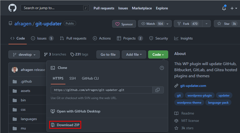 The Download ZIP button on a plugin's GitHub repository page