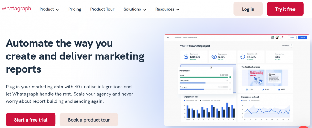 Whatagraph's homepage – a reporting tool for marketing agencies
