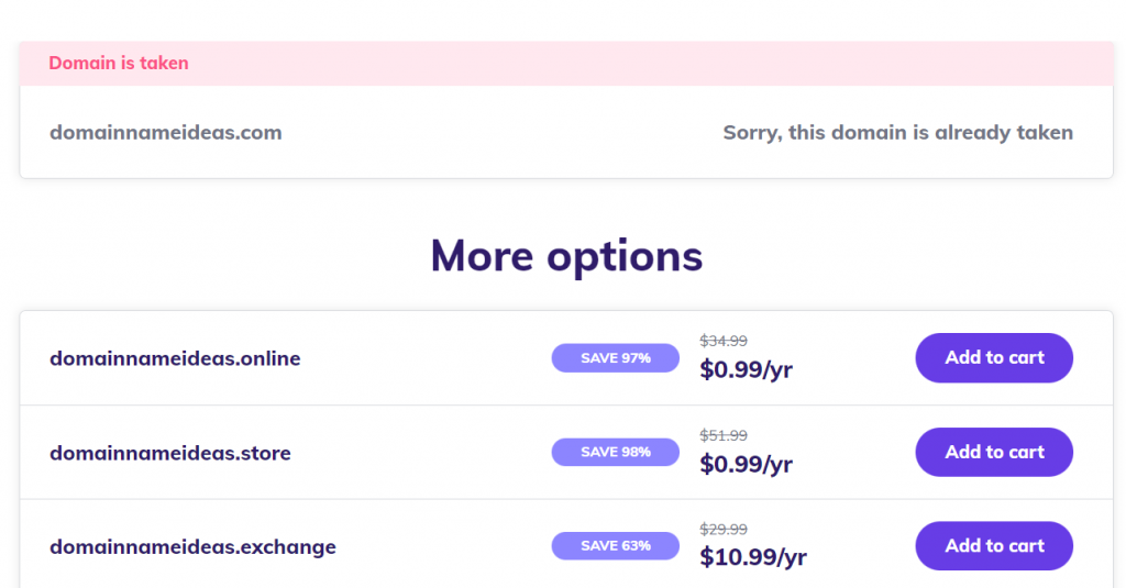 Domain name options with different extensions and their prices