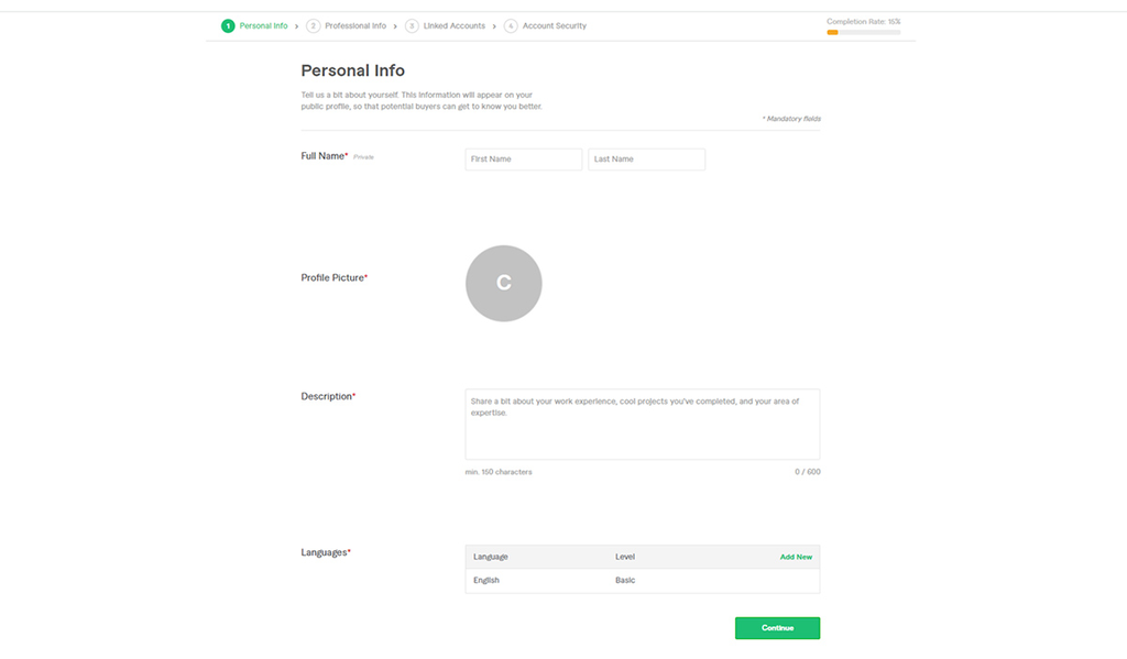 Fiverr's seller registration form showing the Personal Info fields to fill out