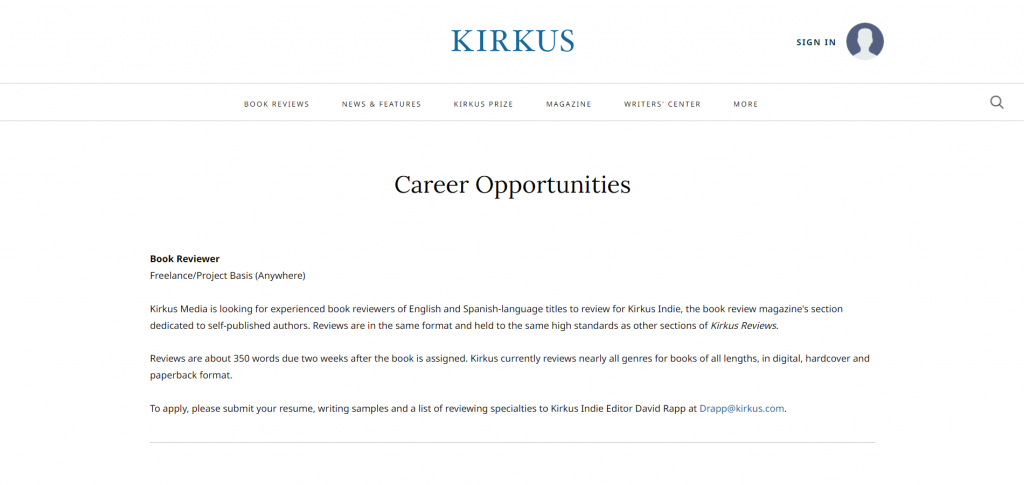 Kirkus website showing the career page
