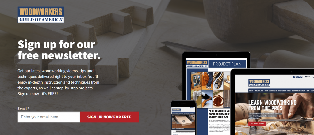 Landing page of WoodWorkers Guild of America, encouraging users to sign up for their newsletter.
