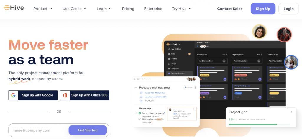 The homepage of Hive, a free online collaboration tool for teams of two