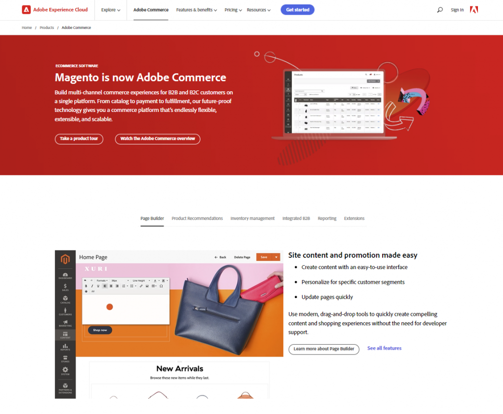 The homepage of Magento or Adobe Commerce, one of the most popular eCommerce platforms today