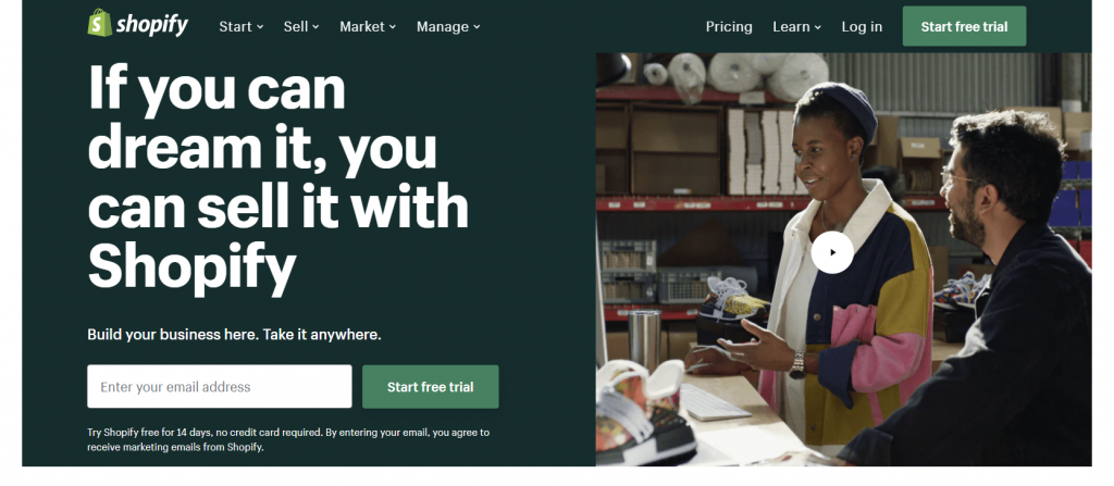 The homepage of Shopify, another popular eCommerce platform for business