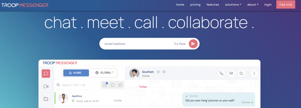 The homepage of Troop Messenger,  a team chat app that supports instant messaging and video conferencing
