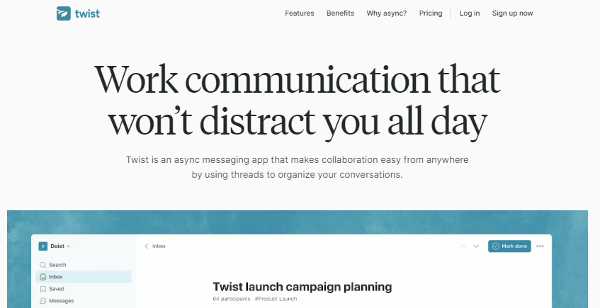 The homepage of Twist, one of the best team chat apps for asynchronous communication