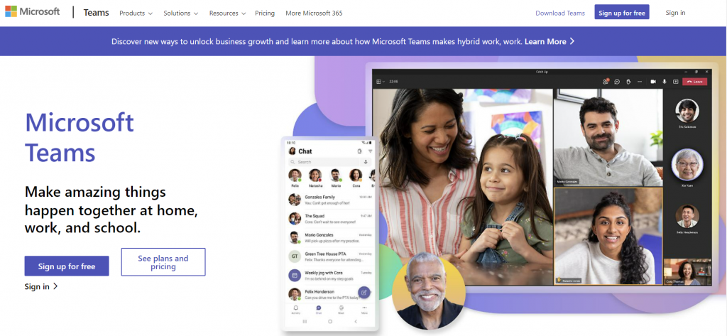The landing page of Microsoft Teams, an alternative to Slack for virtual meetings
