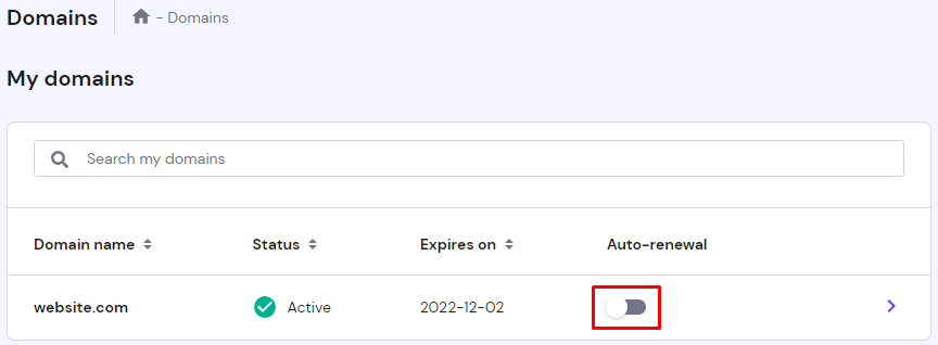 hPanel's domains page with the highlighted auto-renewal toggle button