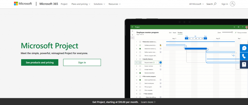 Microsoft Project's homepage