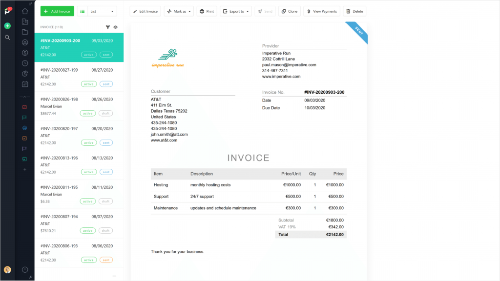Paymo's invoicing dashboard
