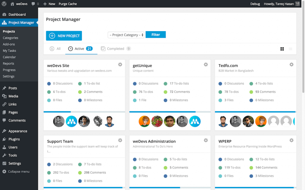 WP Project Manager layout inside the WordPress dashboard