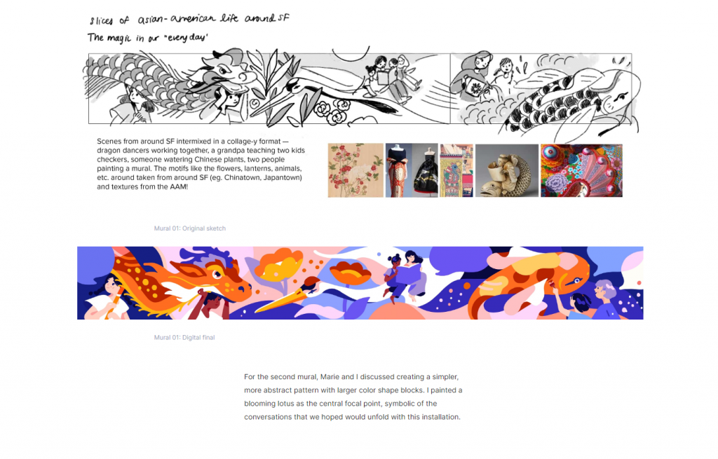 A project page of Alice Lee's portfolio, showing the project description and several drafts
