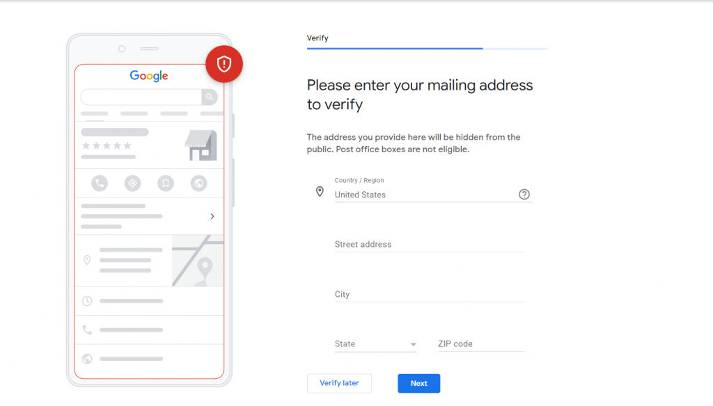 Google My Business' signup page for entering a mailing address