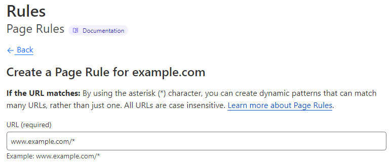 The Create a Page Rule tab on Cloudflare
