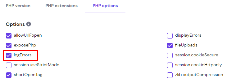 The PHP options section on hPanel, highlighting the logErrors box

