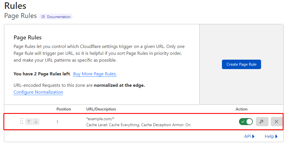 The Page Rules tab on Cloudflare, highlighting the domain
