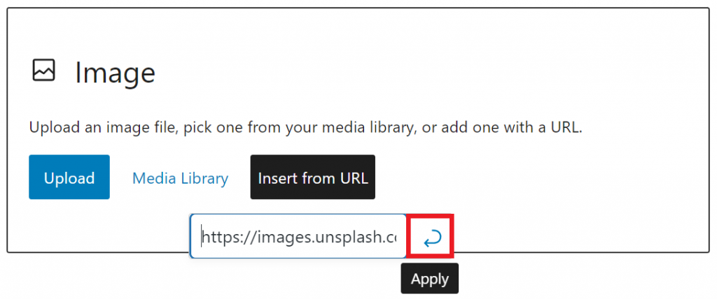 WordPress Image block highlighting the Apply button
